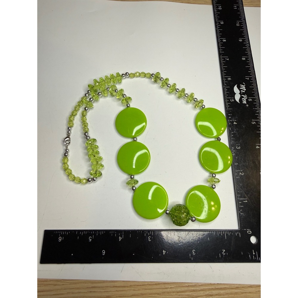 Lime Green Statement Necklace Flat Disc Faceted Bead Silver Tone 20 Inch